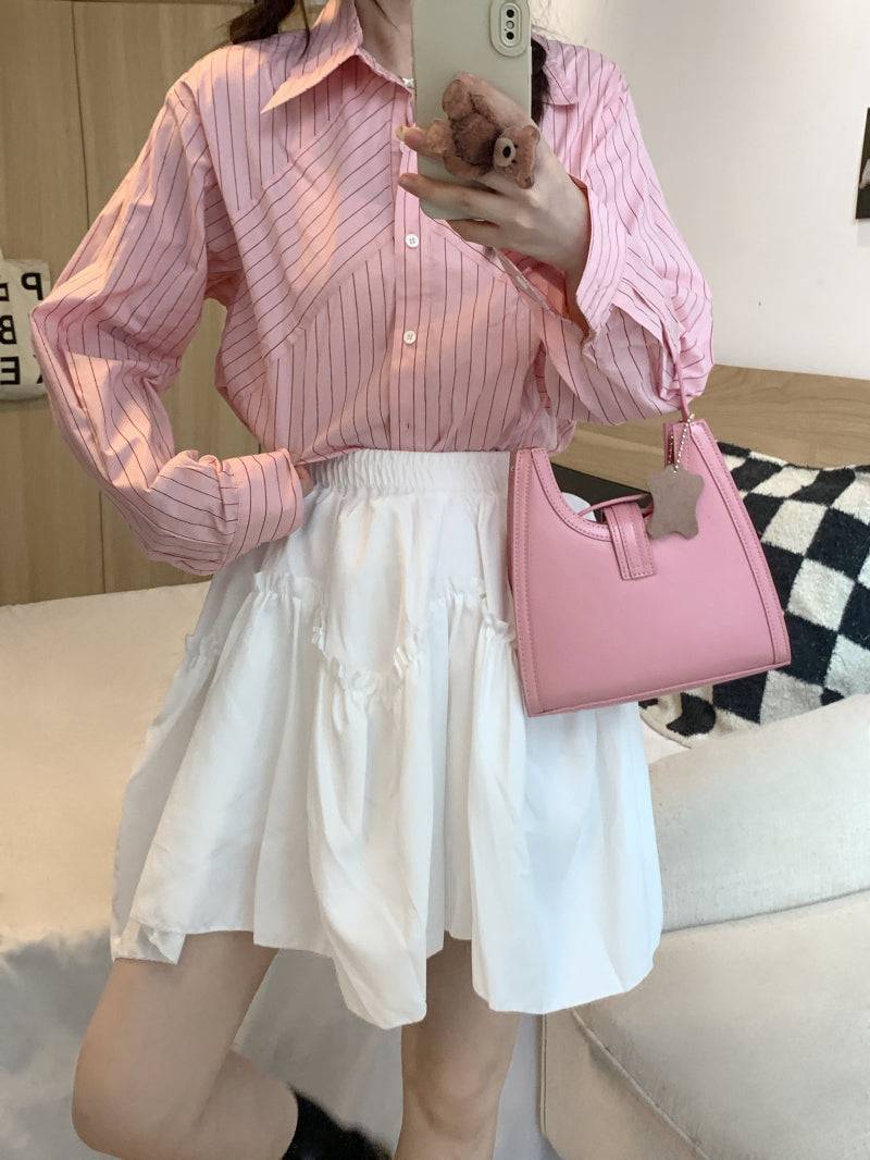 French layered ruffle skirt, high-waisted A-line mini skirt, cream and black skirt for petite girls, sweet preppy fashion by OOTDAY