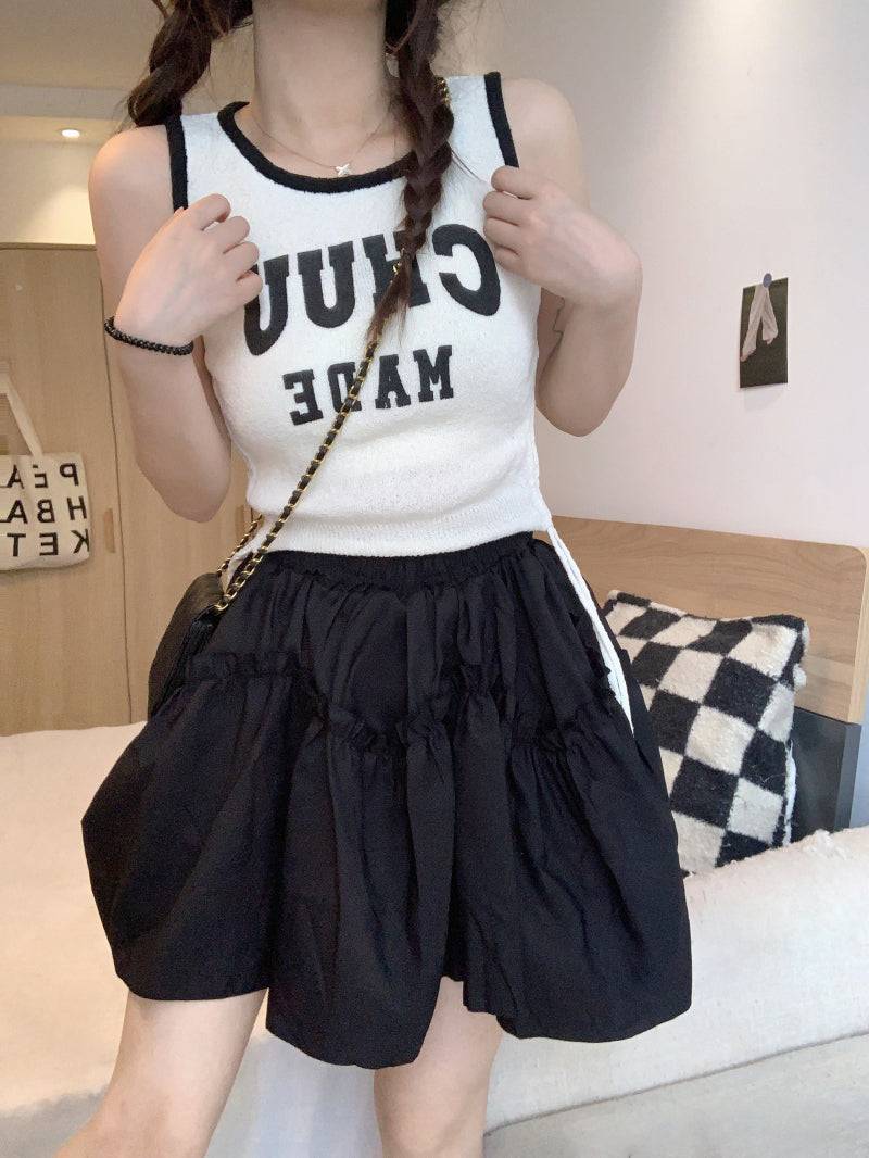 French layered ruffle skirt, high-waisted A-line mini skirt, cream and black skirt for petite girls, sweet preppy fashion by OOTDAY