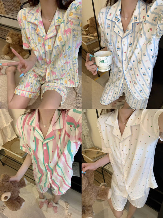 cartoon summer pajama set, cotton loungewear for women, cute short sleeve sleepwear