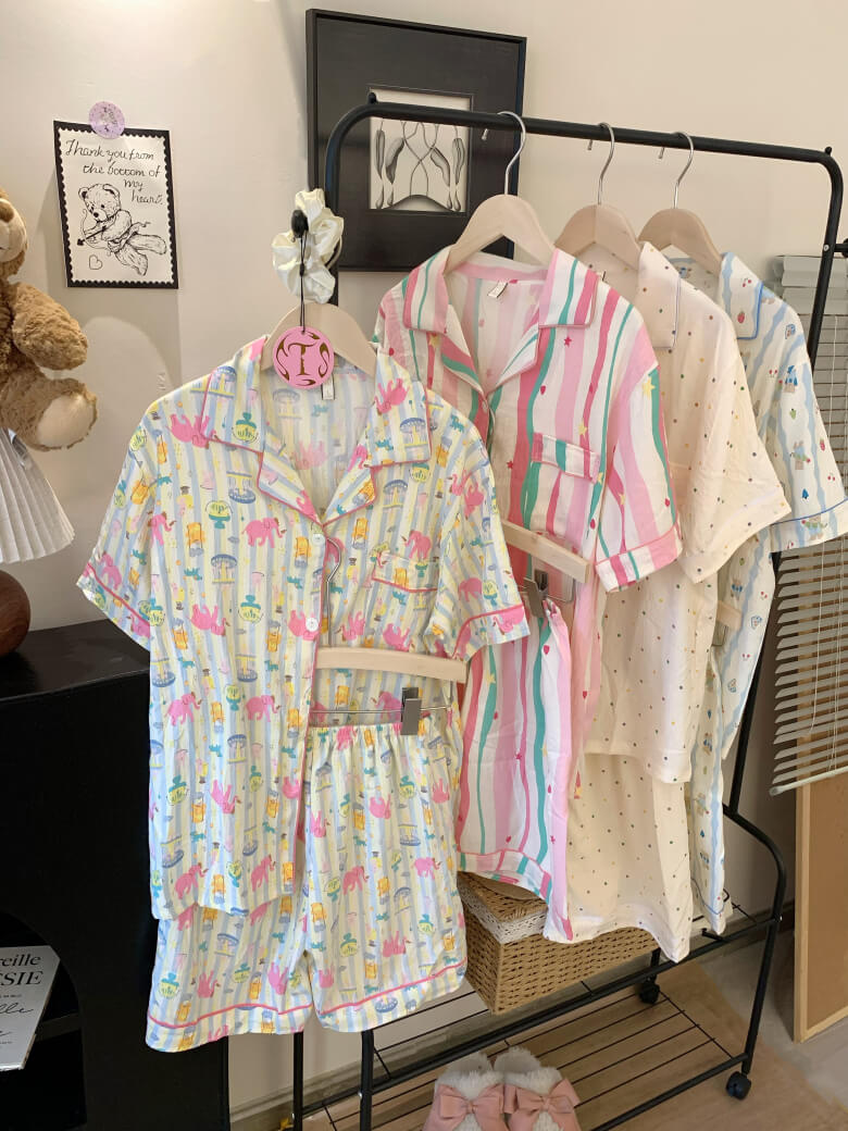 cartoon summer pajama set, cotton loungewear for women, cute short sleeve sleepwear