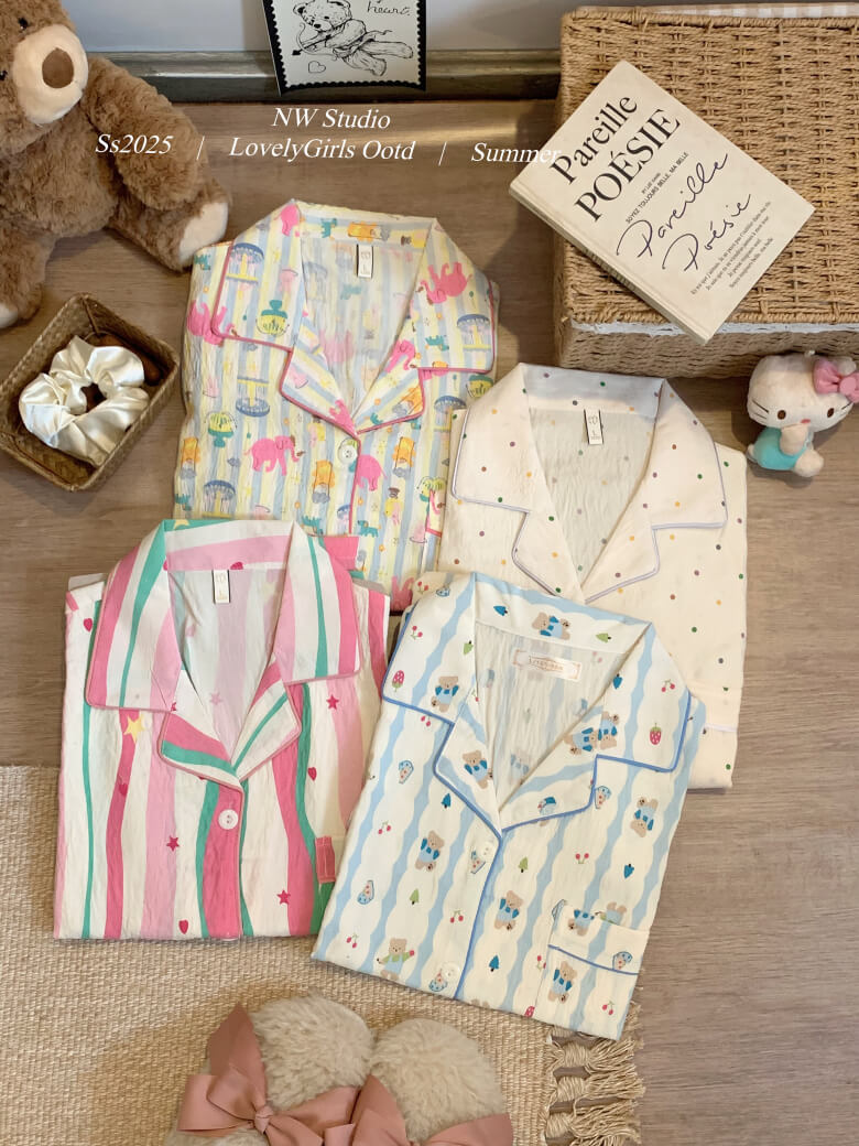 cartoon summer pajama set, cotton loungewear for women, cute short sleeve sleepwear