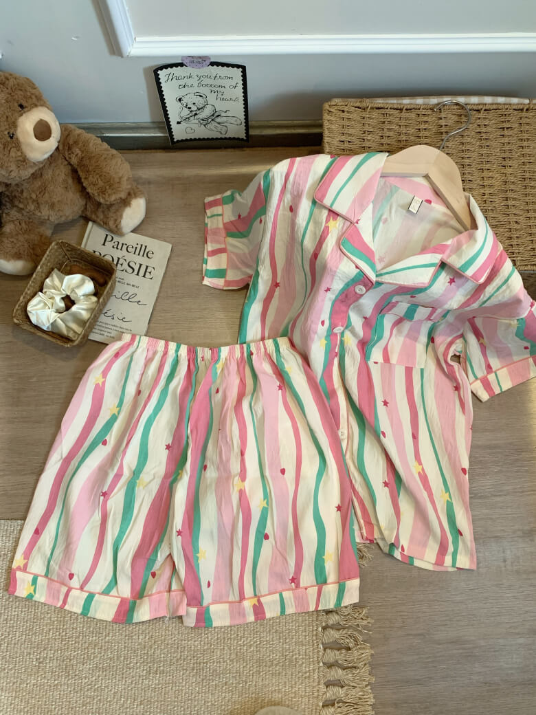cartoon summer pajama set, cotton loungewear for women, cute short sleeve sleepwear