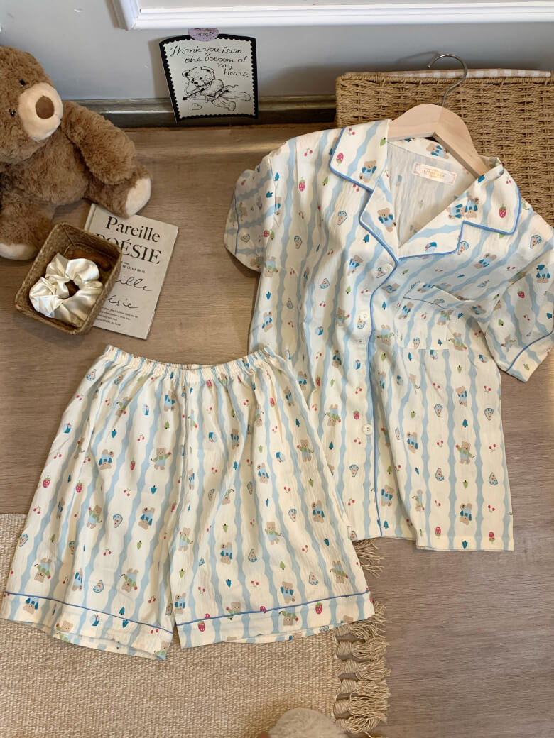 cartoon summer pajama set, cotton loungewear for women, cute short sleeve sleepwear