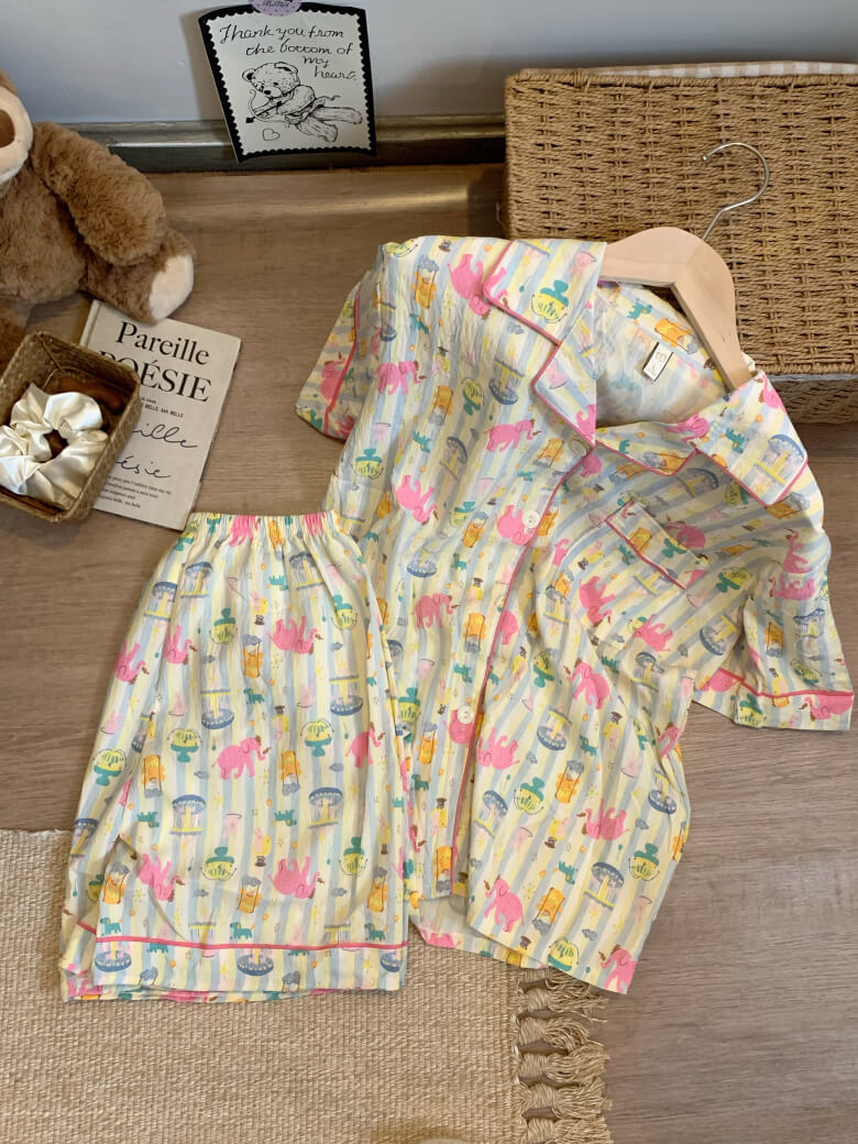 cartoon summer pajama set, cotton loungewear for women, cute short sleeve sleepwear