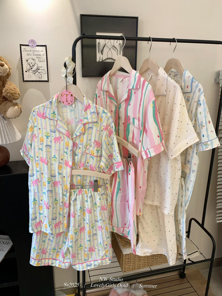 cartoon summer pajama set, cotton loungewear for women, cute short sleeve sleepwear