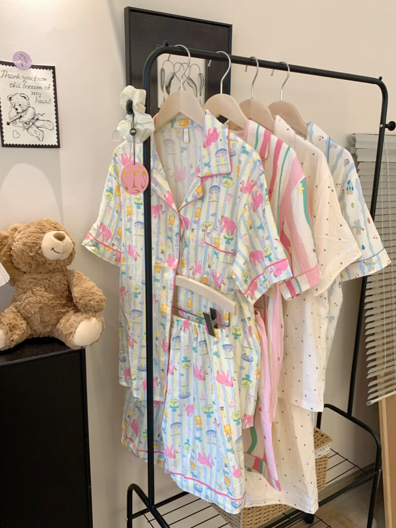 cartoon summer pajama set, cotton loungewear for women, cute short sleeve sleepwear