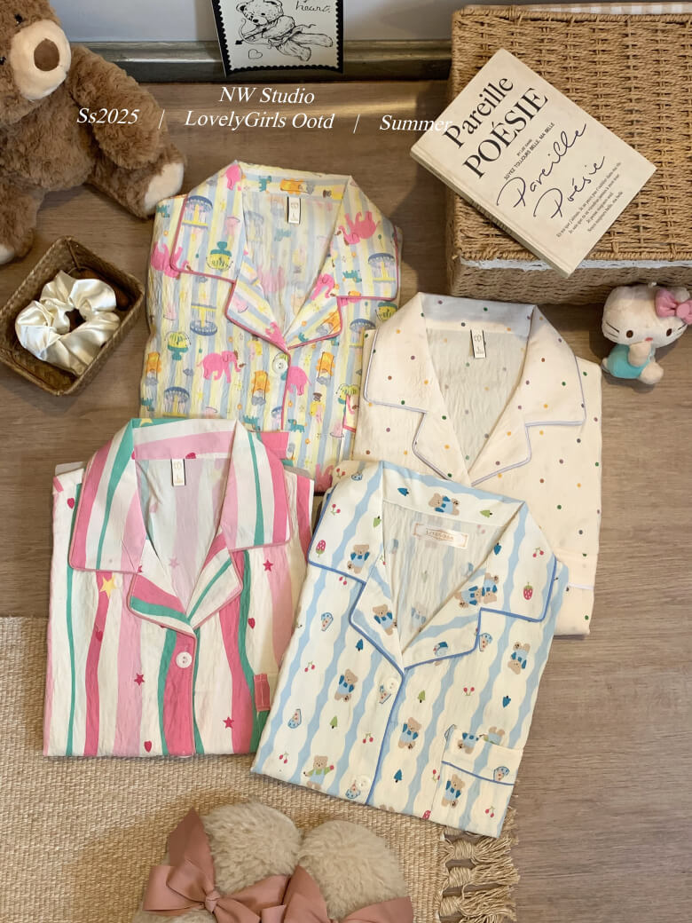 cartoon summer pajama set, cotton loungewear for women, cute short sleeve sleepwear
