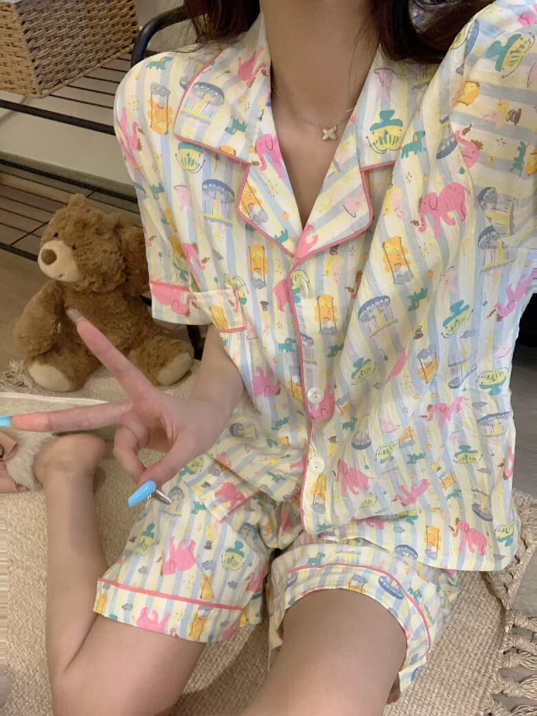 cartoon summer pajama set, cotton loungewear for women, cute short sleeve sleepwear