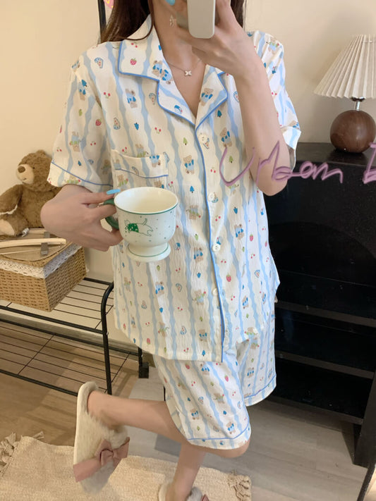 cartoon summer pajama set, cotton loungewear for women, cute short sleeve sleepwear