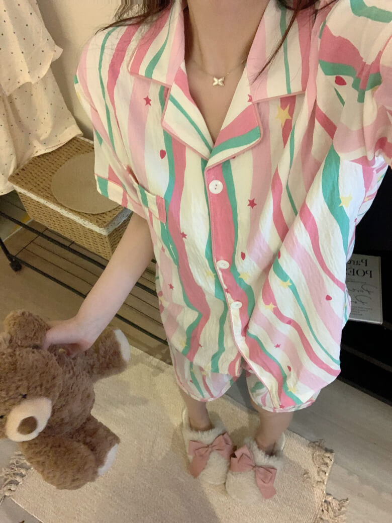 cartoon summer pajama set, cotton loungewear for women, cute short sleeve sleepwear