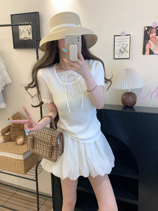 contrast color knit tee, fake two-piece summer top, sweet ruffle t-shirt