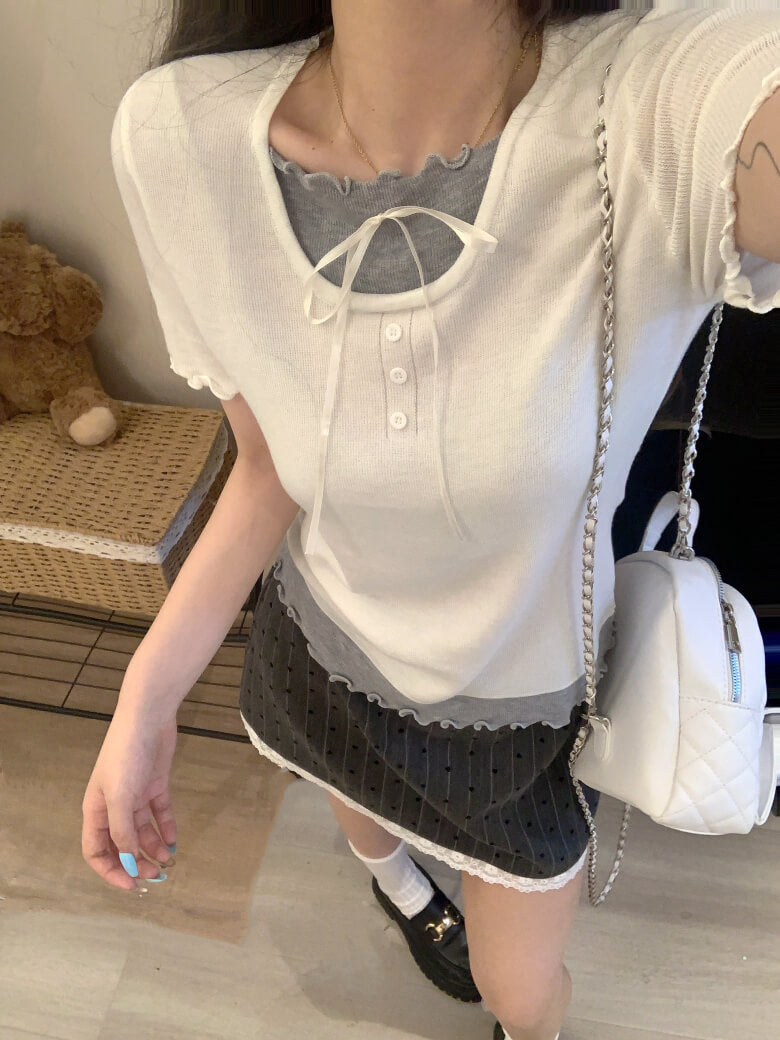 contrast color knit tee, fake two-piece summer top, sweet ruffle t-shirt