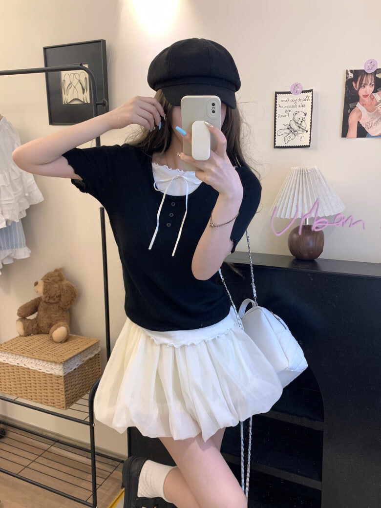 contrast color knit tee, fake two-piece summer top, sweet ruffle t-shirt