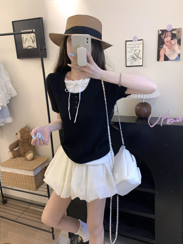 contrast color knit tee, fake two-piece summer top, sweet ruffle t-shirt
