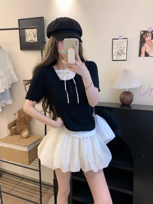 contrast color knit tee, fake two-piece summer top, sweet ruffle t-shirt