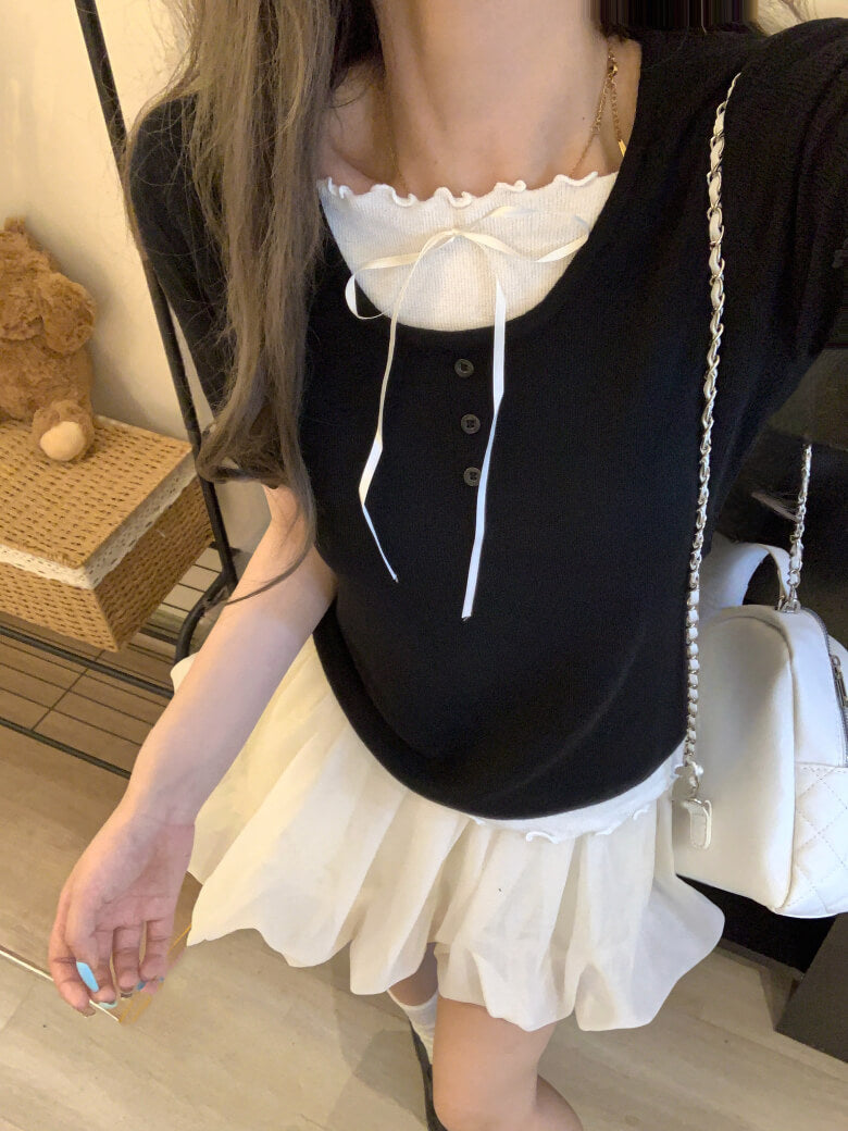 contrast color knit tee, fake two-piece summer top, sweet ruffle t-shirt