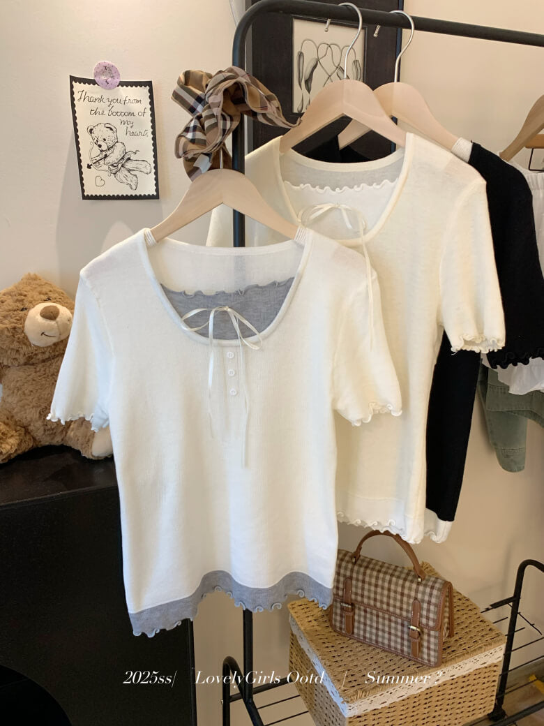 contrast color knit tee, fake two-piece summer top, sweet ruffle t-shirt