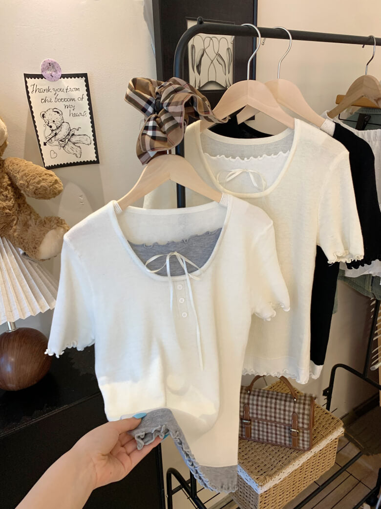 contrast color knit tee, fake two-piece summer top, sweet ruffle t-shirt