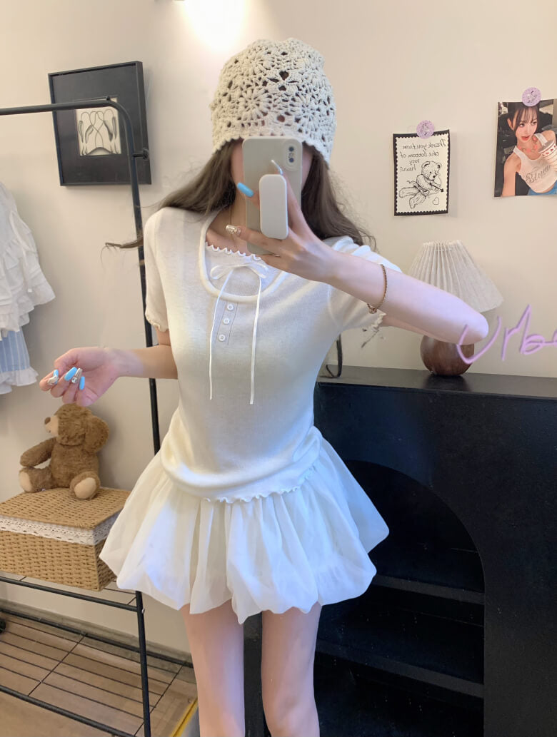 contrast color knit tee, fake two-piece summer top, sweet ruffle t-shirt