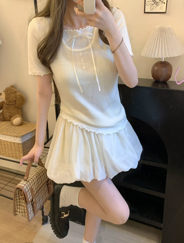 contrast color knit tee, fake two-piece summer top, sweet ruffle t-shirt