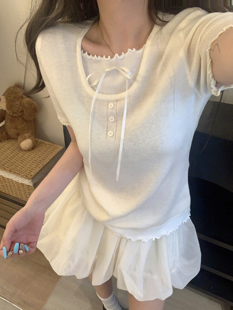 contrast color knit tee, fake two-piece summer top, sweet ruffle t-shirt
