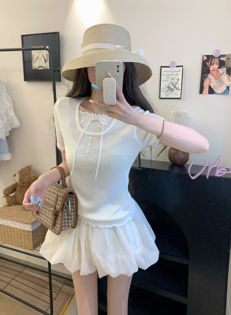 contrast color knit tee, fake two-piece summer top, sweet ruffle t-shirt