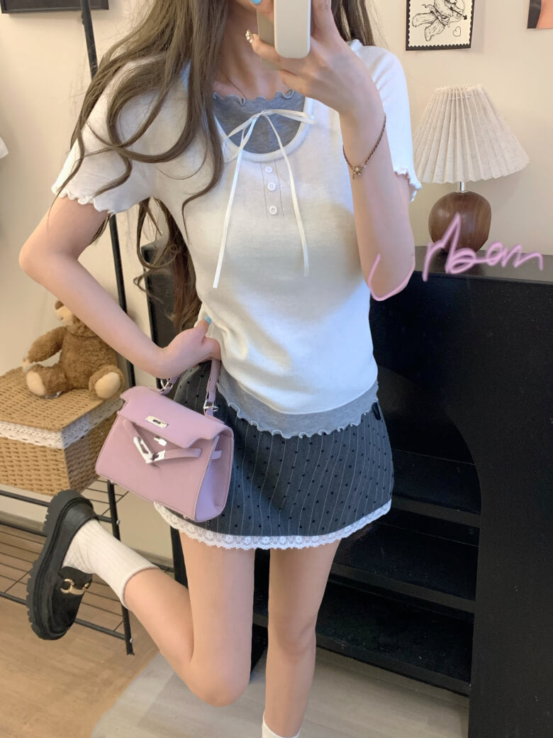 contrast color knit tee, fake two-piece summer top, sweet ruffle t-shirt