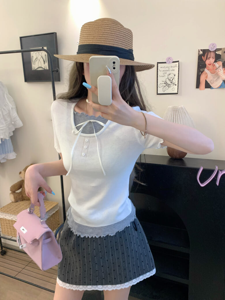 contrast color knit tee, fake two-piece summer top, sweet ruffle t-shirt
