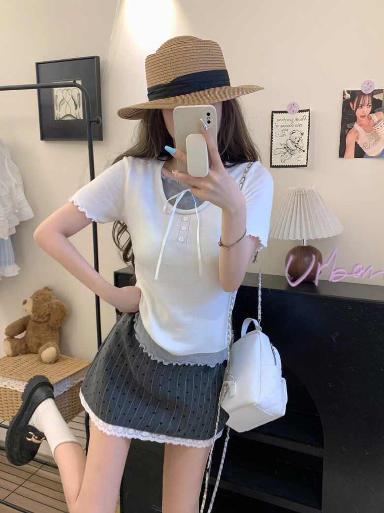 contrast color knit tee, fake two-piece summer top, sweet ruffle t-shirt