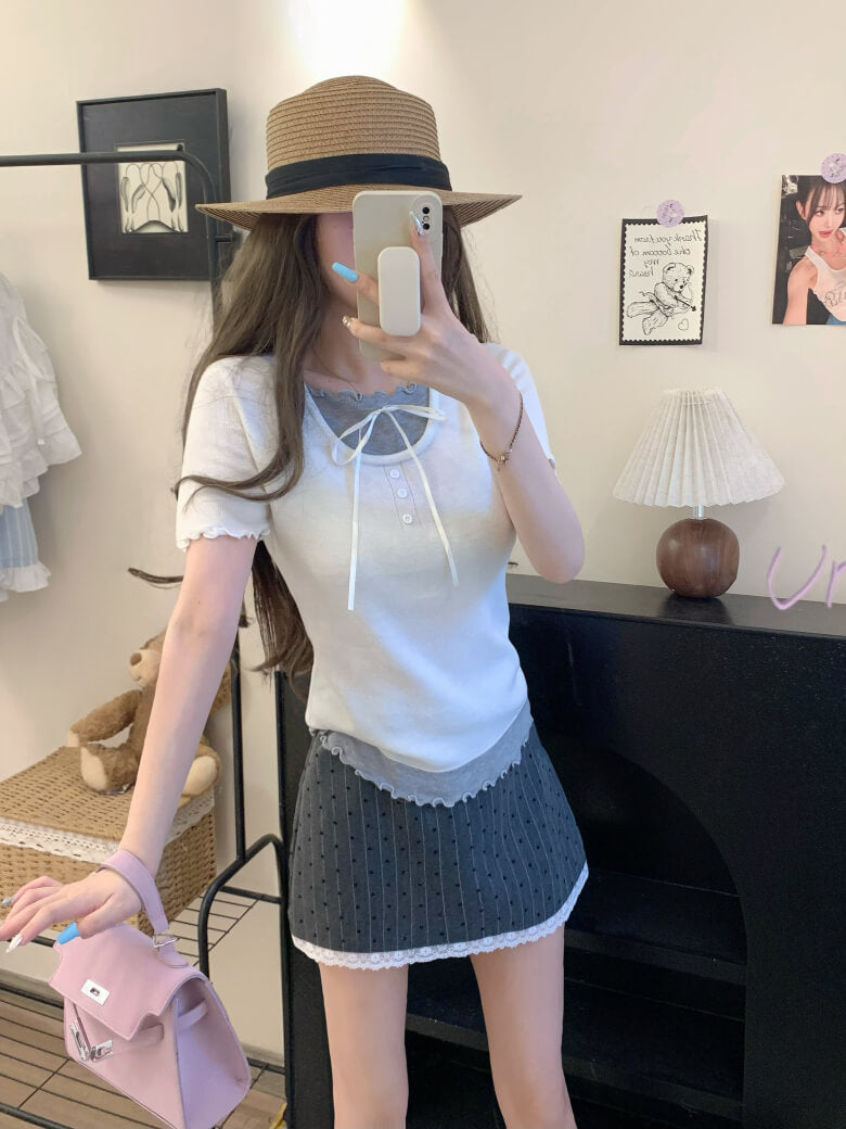 contrast color knit tee, fake two-piece summer top, sweet ruffle t-shirt