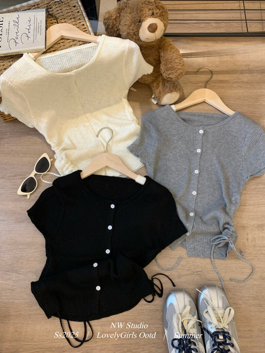 drawstring knit t-shirt, slim fit summer top, Korean round neck tee