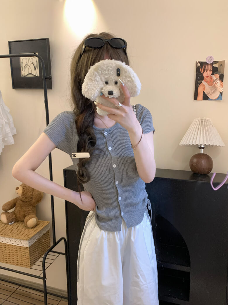 drawstring knit t-shirt, slim fit summer top, Korean round neck tee
