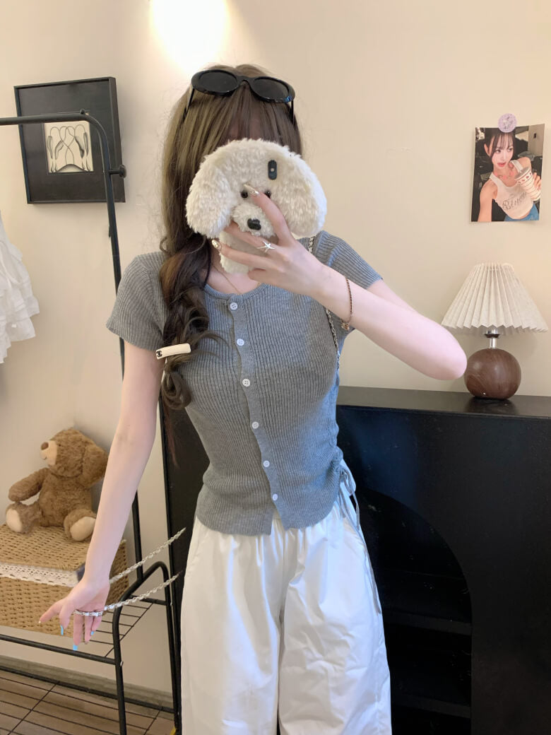 drawstring knit t-shirt, slim fit summer top, Korean round neck tee