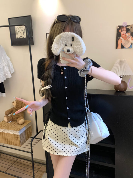 drawstring knit t-shirt, slim fit summer top, Korean round neck tee