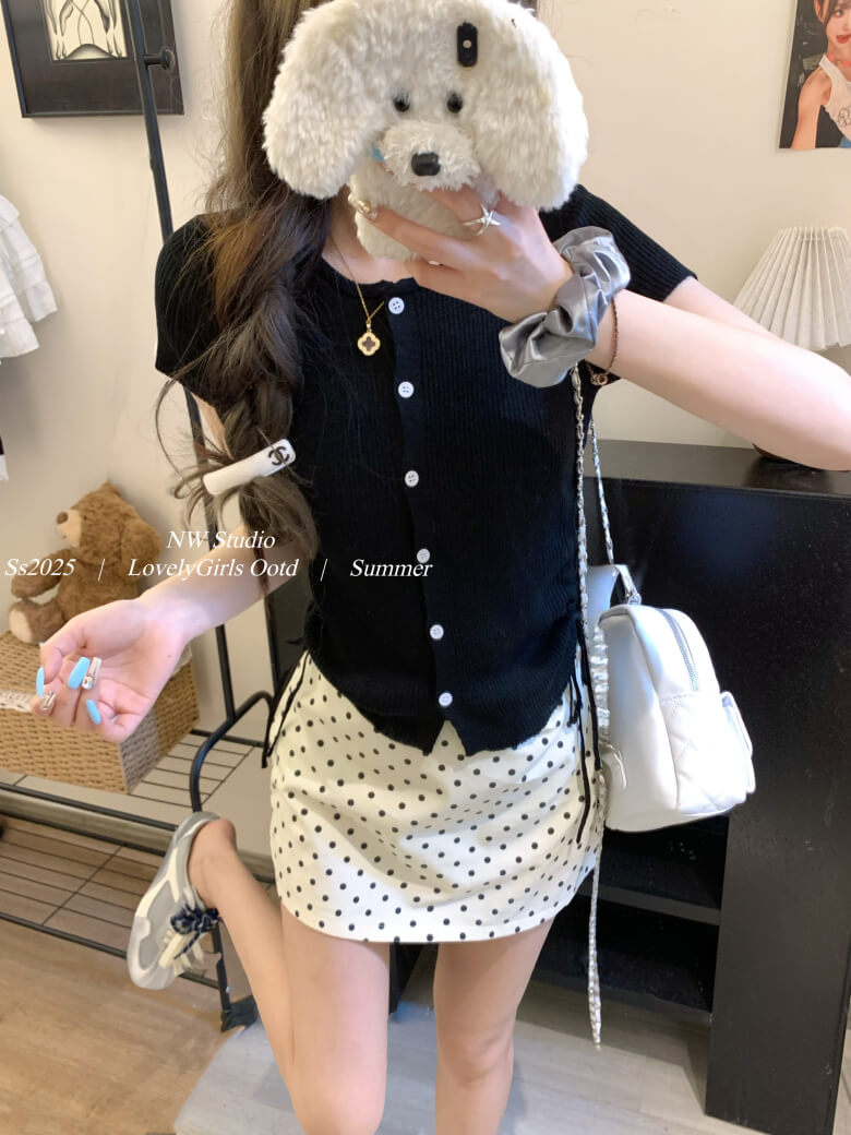drawstring knit t-shirt, slim fit summer top, Korean round neck tee