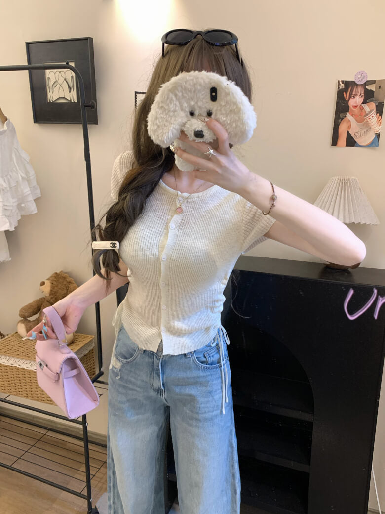 drawstring knit t-shirt, slim fit summer top, Korean round neck tee