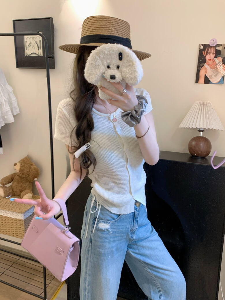 drawstring knit t-shirt, slim fit summer top, Korean round neck tee