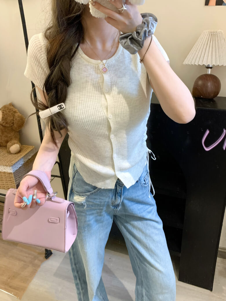 drawstring knit t-shirt, slim fit summer top, Korean round neck tee