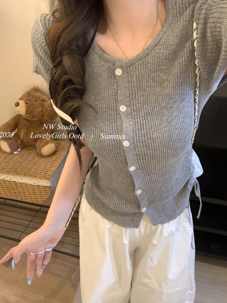 drawstring knit t-shirt, slim fit summer top, Korean round neck tee