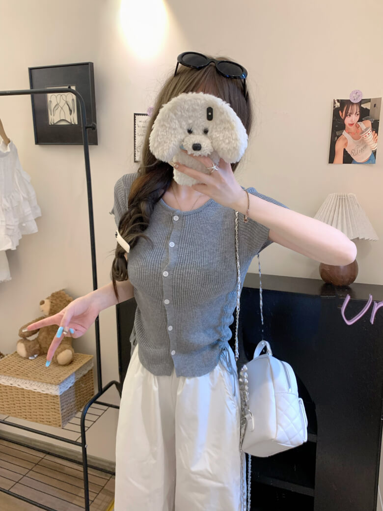 drawstring knit t-shirt, slim fit summer top, Korean round neck tee