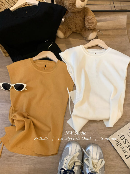 backless ruched tee, slim knit summer shirt, irregular cutout top