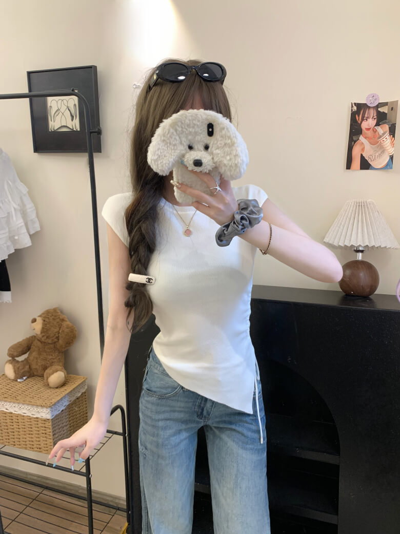 backless ruched tee, slim knit summer shirt, irregular cutout top