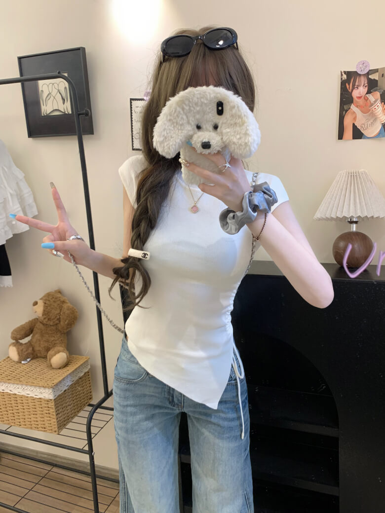 backless ruched tee, slim knit summer shirt, irregular cutout top
