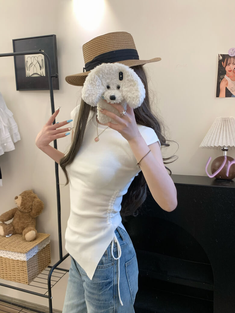 backless ruched tee, slim knit summer shirt, irregular cutout top