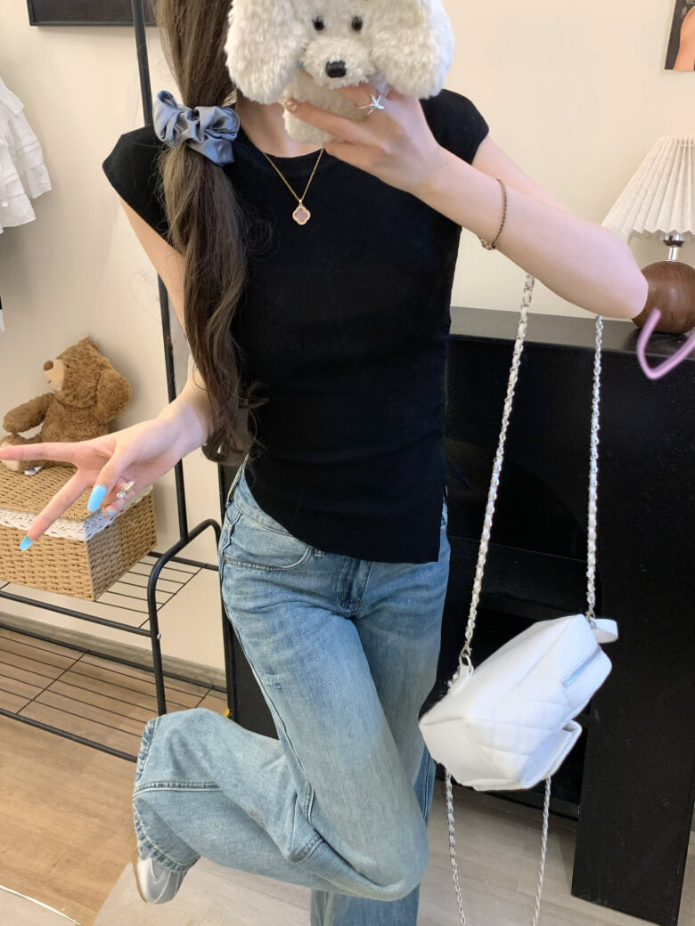 backless ruched tee, slim knit summer shirt, irregular cutout top