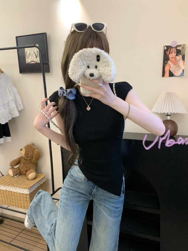 backless ruched tee, slim knit summer shirt, irregular cutout top