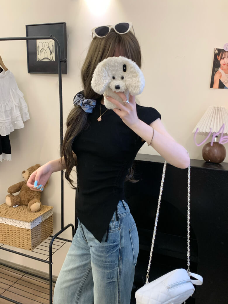 backless ruched tee, slim knit summer shirt, irregular cutout top