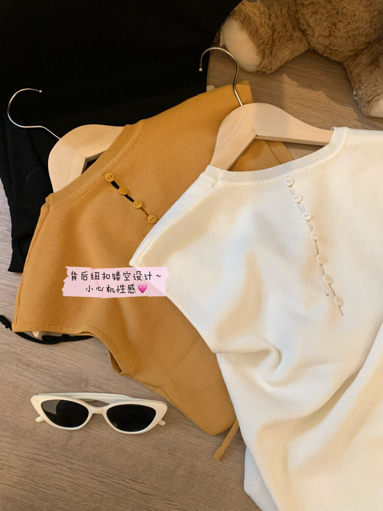backless ruched tee, slim knit summer shirt, irregular cutout top