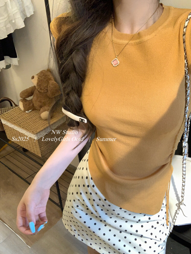 backless ruched tee, slim knit summer shirt, irregular cutout top
