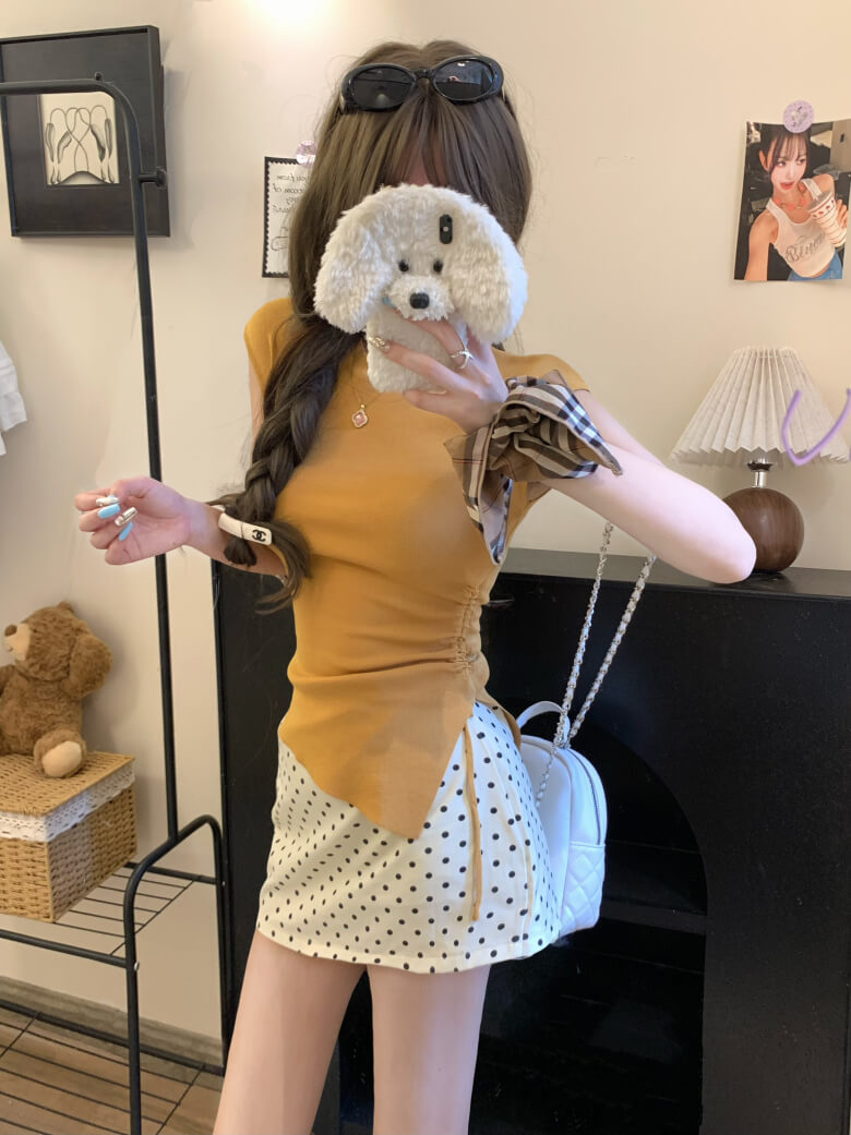 backless ruched tee, slim knit summer shirt, irregular cutout top